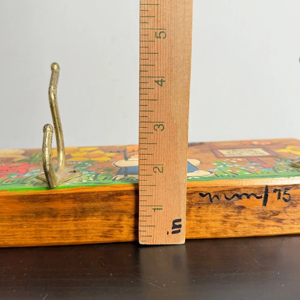 Vintage 1975 Hand Painted Wood Wall Hook Coat Rack Folk Art Cottagecore Retro
